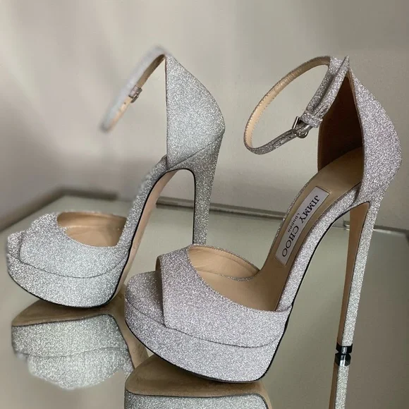 Jimmy Choo Max 150 Metallic Silver Glitter Platform Stiletto Sandals 35 - Picture 8 of 14